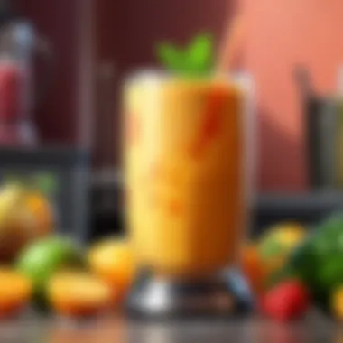 Illustration showing various fruits and vegetables being effortlessly blended into a smoothie by the buddy blender