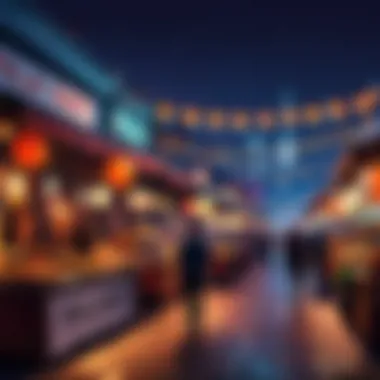 Silhouettes of bustling crowds against the night market backdrop