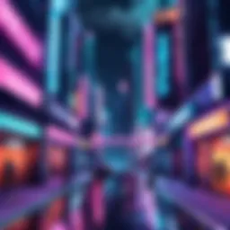 A futuristic cityscape with neon lights and towering skyscrapers