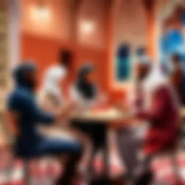 Diverse group of Muslim singles mingling at a speed dating venue