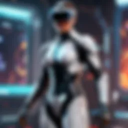 A futuristic virtual reality game world with neon lights and advanced technology