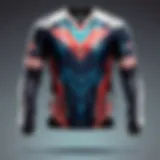A close-up view of a custom gaming jersey showcasing intricate designs and logos.