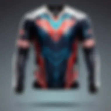 A close-up view of a custom gaming jersey showcasing intricate designs and logos.