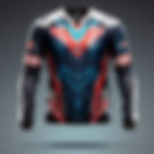 A close-up view of a custom gaming jersey showcasing intricate designs and logos.