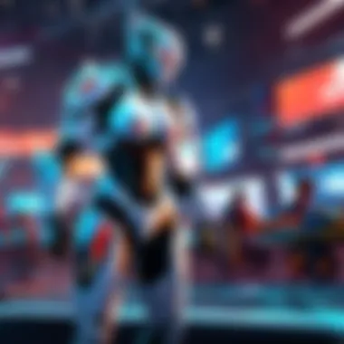 A vibrant esports event with an enthusiastic crowd cheering