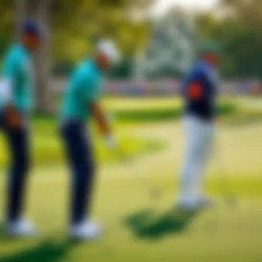 Golfers in Action at the Masters A scenic view of golfers in action at the Masters, highlighting the tournament's prestigious atmosphere