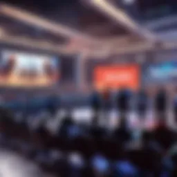 A vibrant eSports arena filled with spectators cheering on their favorite teams.