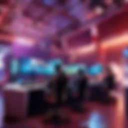 A vibrant esports arena filled with fans and gamers competing.