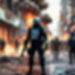 A chaotic urban scene depicting a riot with flames and smoke