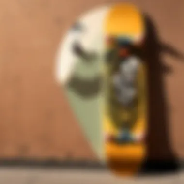 Evaluating Skateboard Deck Quality Close-up of skateboard deck showcasing wear and tear